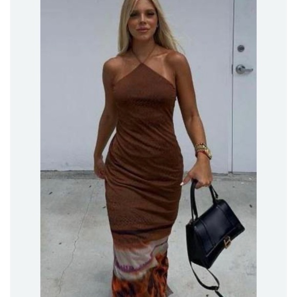 ZARA Tulle Bloggers Favorite Halter Maxi open back Dress Brown Open Back NWT - Picture 10 of 11